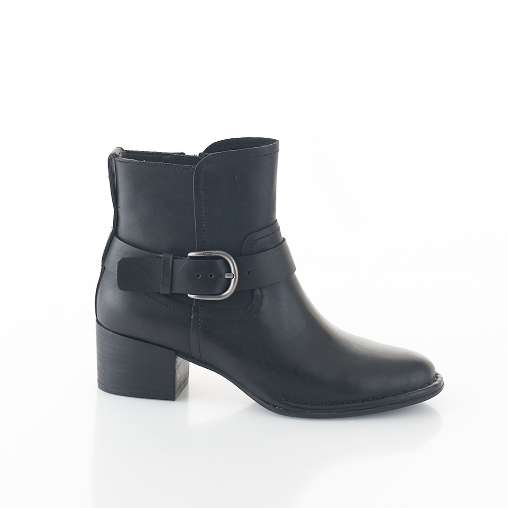 Ugg Atwood Stacked Heel Side Zipper Leather Ankle Boots 6M Black New Almond Toe